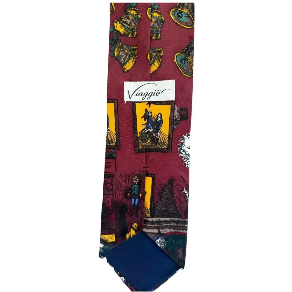 Vintage Viaggio Old St Nick Silk Novelty Christmas Neck Tie Santa Bells Burgandy
